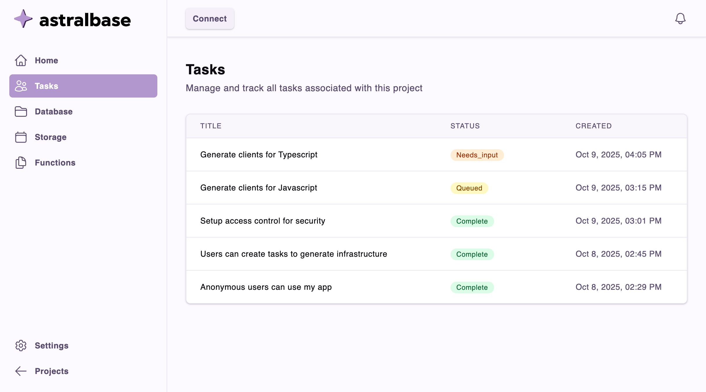 An image of the tasks view.